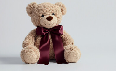 Obraz premium A cute teddy bear with a burgundy ribbon sits against a white background. Its soft, plush texture and adorable appearance make it a charming design for children's content or toy-themed designs.