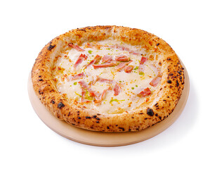 Delicious fresh pizza topped with cheese and cured meat on a wooden board served hot for an inviting culinary experience