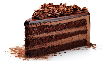 Obraz premium A decadent slice of rich, layered chocolate cake with chocolate frosting and shavings