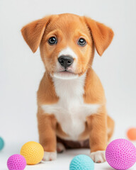 Cute puppy sitting with colorful balls, full of charm and playfulness.