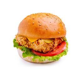 Crispy fried chicken sandwich with lettuce, tomato, and cheese on a sesame seed bun served on a white background