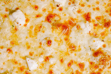 Deliciously golden melted cheese topped with herbs and spices on a crispy dish