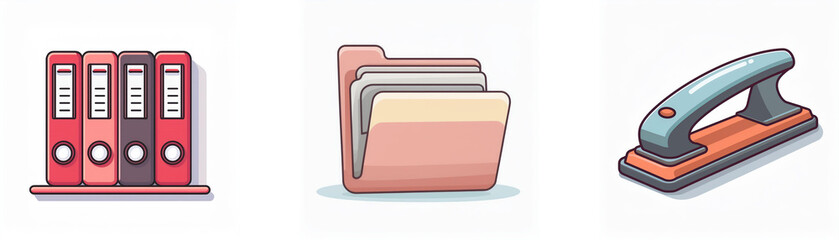 Illustrative office supplies: colorful binders on shelf, an open file folder with papers, and a manual stapler tool.