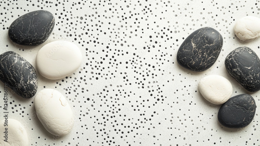 Poster a clean and modern background of polka dot pebbles and textured rocks, creating a serene and elegant