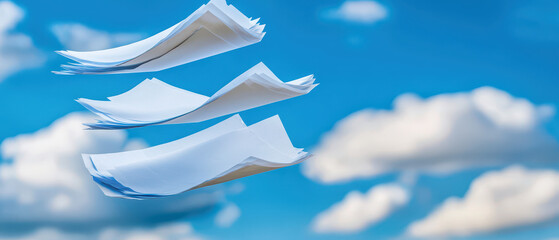 Sheets of paper float against a bright blue sky, creating a whimsical and airy scene that captures the essence of freedom and creativity.