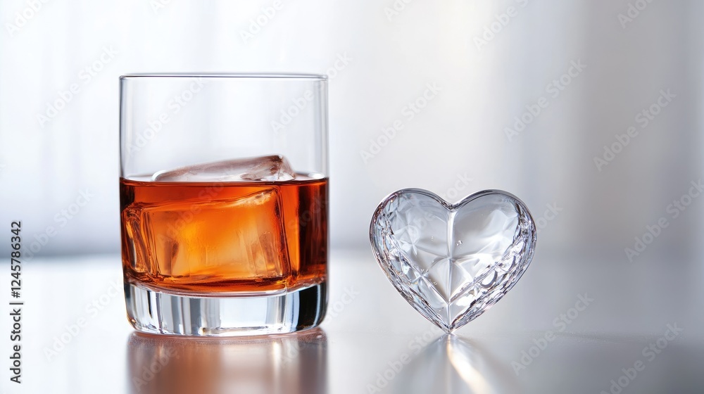 Poster A clear heart-shaped ice cube next to a glass filled with a refreshing beverage, adding an elegant touch to the drink in a clean and minimalist setting.