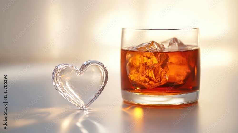 Aufkleber A clear heart-shaped ice cube next to a glass filled with a refreshing beverage, adding an elegant touch to the drink in a clean and minimalist setting.