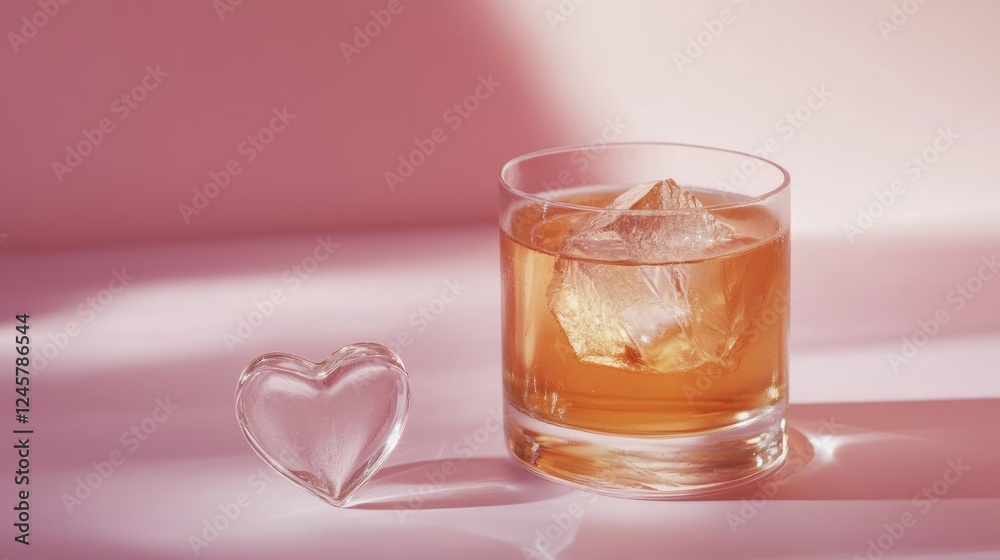 Aufkleber A clear heart-shaped ice cube next to a glass filled with a refreshing beverage, adding an elegant touch to the drink in a clean and minimalist setting.