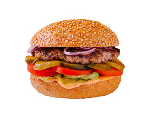 Delicious sesame seed bun hamburger with fresh toppings and juicy patty