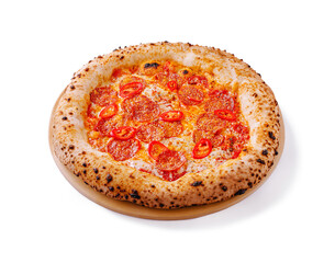 Delicious pepperoni pizza with fresh toppings served on a wooden plate in a cozy eatery during dinner time