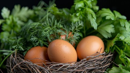 National Poultry Day.Rustic basket with fresh eggs and green herbs on a wooden table.