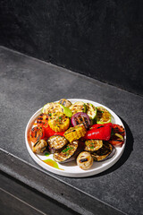 Grilled vegetables on a plate showcasing vibrant colors and textures in a modern kitchen setting