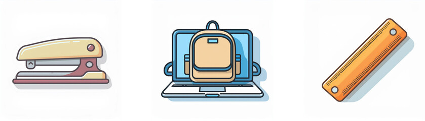 Naklejka premium Description: Office and school items are presented: a stapler, a laptop with a backpack, and a ruler. These are essential tools for work and learning.Keywords: