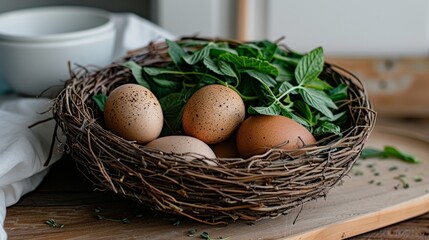 National Poultry Day.Rustic basket with fresh eggs and green herbs on a wooden table.