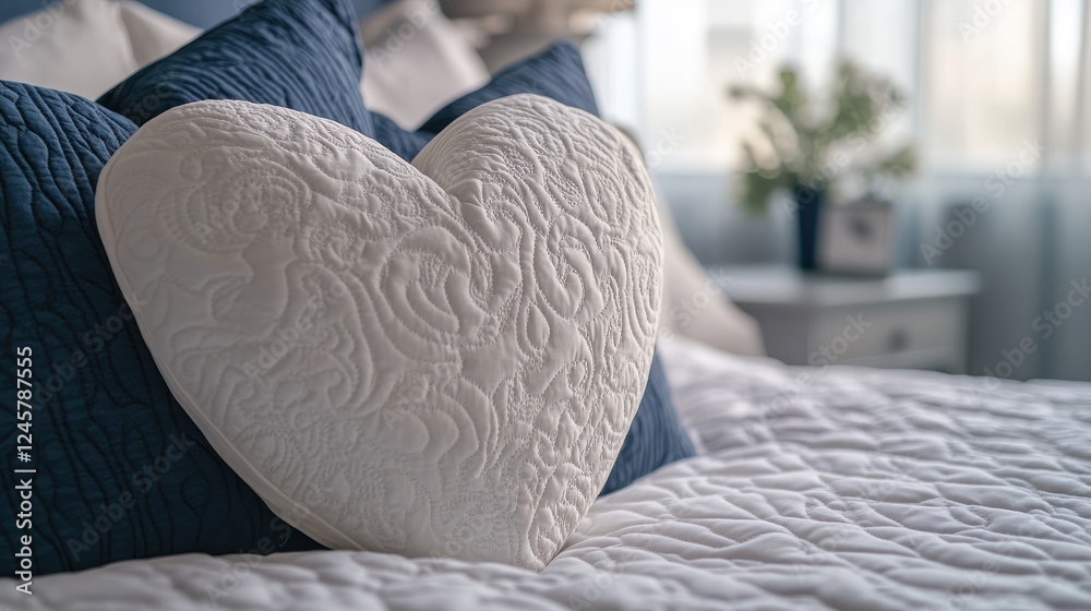 Poster a close-up of a heart-shaped pillow with intricate quilting on a bed, highlighting the cozy texture 