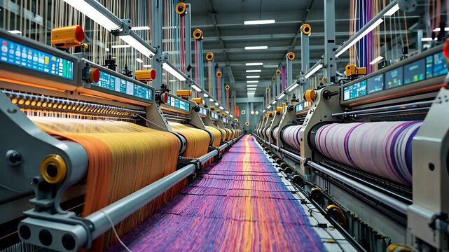 Automated Textile Weaving Machines Producing Colorful Fabric Rolls in a High-Tech Industrial Manufacturing Facility

