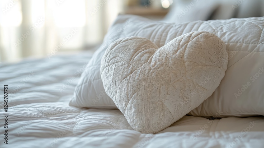Poster a close-up of a heart-shaped pillow with intricate quilting on a bed, highlighting the cozy texture 