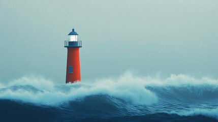 A red lighthouse stands strong against crashing ocean waves under a misty blue sky symbolizing resilience and guidance in stormy waters


