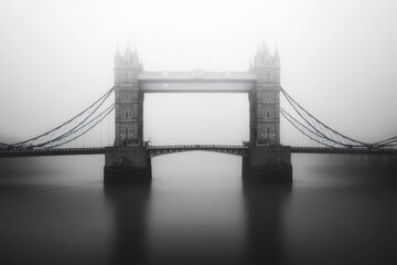 Foggy London Tower Bridge, Thames River, misty backdrop, travel poster