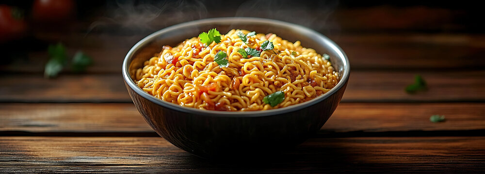 Instant Masala Maggi displayed on dark wood. high resolution image