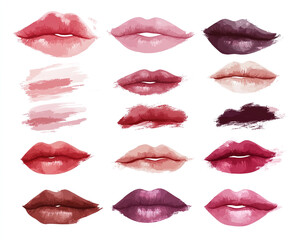 Fototapeta premium Lips and lipstick marks in various shades of pink, red, and burgundy are arranged on a white background, creating a playful and romantic design, ideal for love-themed projects.