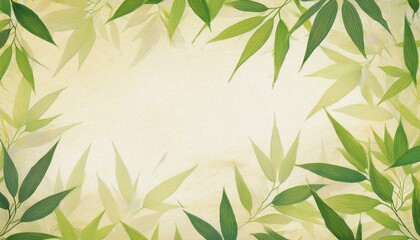 Naklejka premium ベージュの和紙に緑色の竹林の和風背景壁紙。コピースペースあり。aiで生成