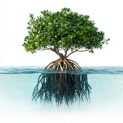 Mangrove roots submerged in water, providing shelter for marine life, isolated on white background