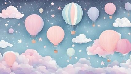 A whimsical scene of pastel hot air balloons floating among clouds and stars in a dreamy sky.