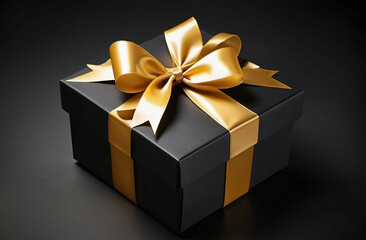 gift box with golden ribbon bow on black dark background