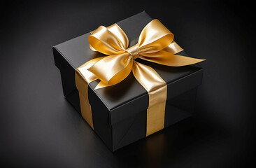 gift box with golden ribbon bow on black dark background