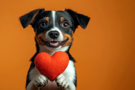 Ad campaign visual idea. Pointer - my beloved dog. Cute pointer canine with domestic animal toy red heart - sign of love, funny greeting card. Heart-shaped toys. Cute puppy pictures. Pet lov.