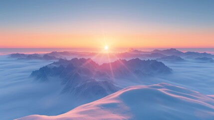 Serene panorama of a sunset sky with soft pink clouds and glorious sun rays illuminating the horizon