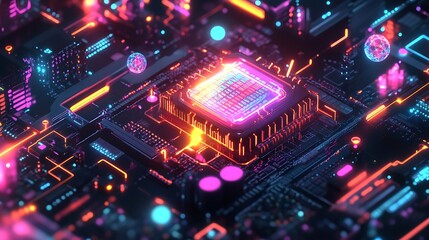 Obraz premium A futuristic isometric banner of a high-tech CPU, glowing with energy and surrounded by vibrant holographic database streams and quantum elements.