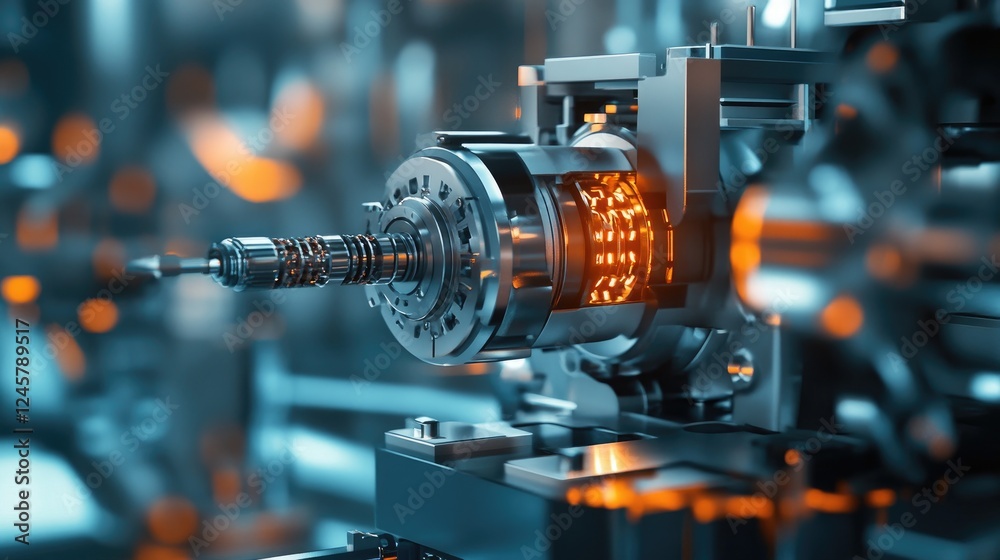 Aufkleber a close-up of an industrial machine at work, with glowing metal components and precision engineering