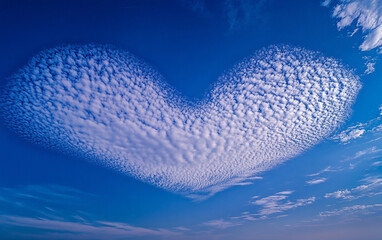 Fototapeta premium A heart-shaped cloud forms a perfect pattern in the blue sky, symbolizing love and affection. The delicate white clouds stand out against the indigo background, creating a romantic and serene scene.
