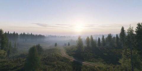 Misty sunrise over a tranquil forest landscape with winding dirt road amid lush green foliage