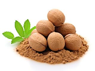 Aromatic Nutmeg Powder and Whole Nutmegs with Fresh Leaves