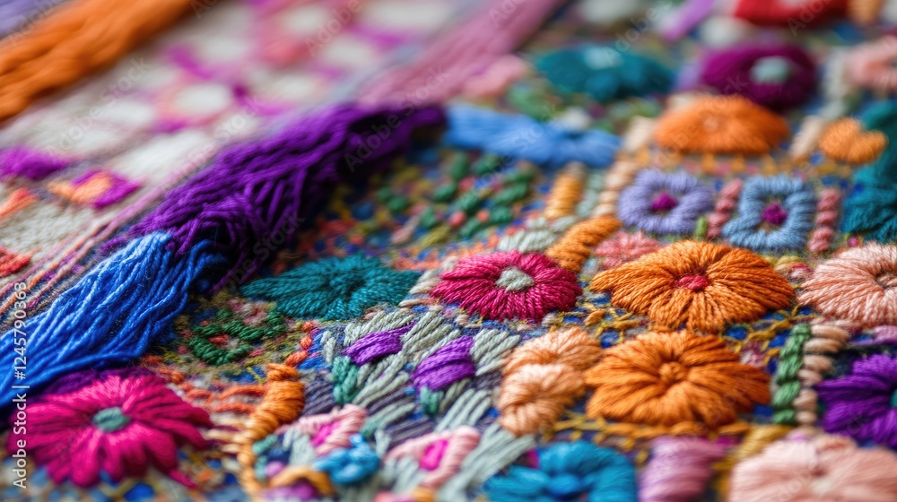 Poster A close-up of detailed hand embroidery on textile, capturing the colorful threads and the precise skill involved in creating intricate designs.