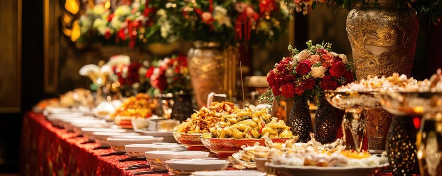 Lavish wedding venue with floral decorations and lights.