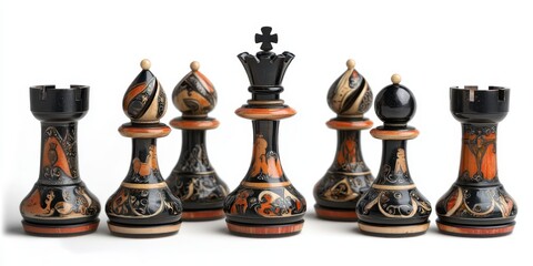 Intricate handcrafted chess pieces with elegant designs displayed on a white background