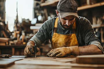 carpenter works with wood in his workshop. Favorite profession