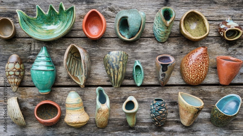 Poster a close-up of diverse pottery artifacts in various shapes and colors, arranged on a rustic wooden su