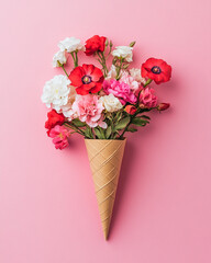 A top-down view of a kraft paper cone filled with red, pink, and white flowers on a soft pastel background. The flat lay design creates a charming, decorative effect, perfect for floral projects.