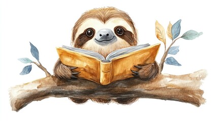 Cute Sloth Reading Book on Tree Branch with Leaves and Smiling Face Watercolor