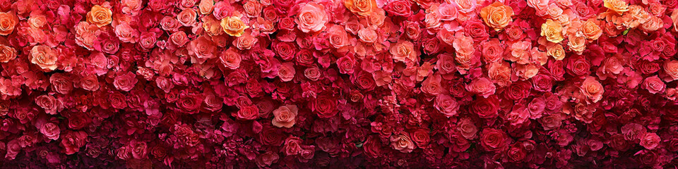 Naklejka premium A large bouquet of pink roses, intricately arranged with delicate petals, forms a romantic floral backdrop. The vibrant pink hues evoke love and elegance, perfect for wedding or event decorations.