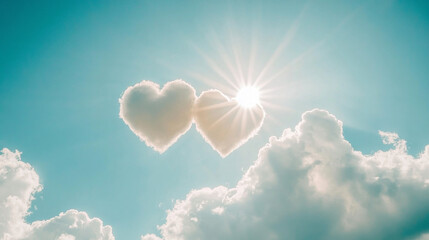 Fototapeta premium Two heart-shaped clouds float in the bright blue sky, symbolizing love on Valentine's Day. The sun shines through the white fluffy clouds, creating a dreamy and romantic atmosphere.