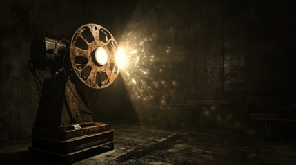 Fototapeta premium Antique film projector in dark room, casting light beam.