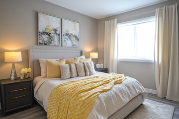 Fototapeta premium Modern Bedroom Decor Featuring Yellow And Grey Accents