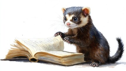 Obraz premium Cute Ferret Reading Open Book with Curiosity and Wonderment Watercolor