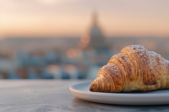 Un croissant dorato e una tazza di caff&egrave; su un tavolo parigino, simbolo di un momento di relax e piacere.